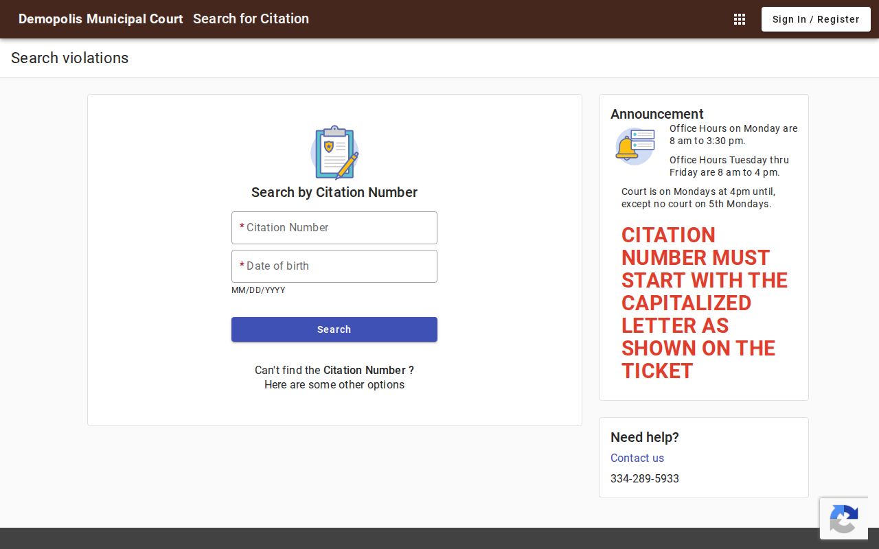 Demopolis citation fields for Marengo County municipal traffic warrants